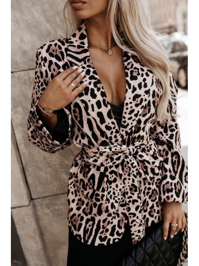 2024 Autumn Women's Leopard Print Tie-Waist Suit Collar Long Sleeve Coat - European & American Style
