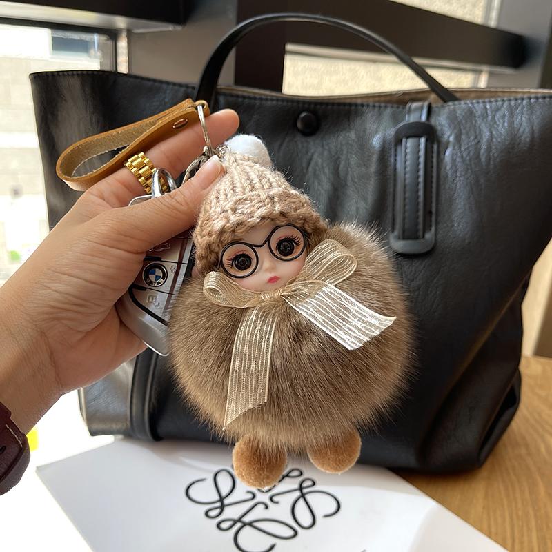 Cute Big Eyed Doll Pompom Keychain Real Fox Fur Bag Charm for Women Bag Key Ring Fine Jewelry Accessories Kids Girl Gift