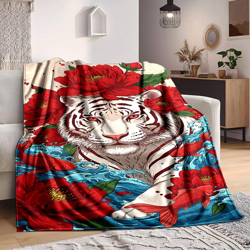 

1pc Tiger Red Flowers Soft & Warm Polyester Knit Blanket, Digital Printed, All-Season Throw for Napping, Traveling, Sofa yy250906001 75x90cm