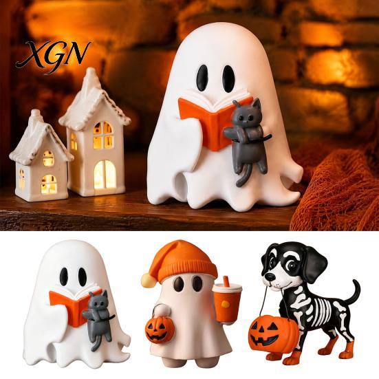 Milchtee Geist Geschenk Halloween Figur, Niedliche Lese Statue, Ornament mit Harz Sammlerstück Kürbis Eimer, Skelett Welpe Tischdeko