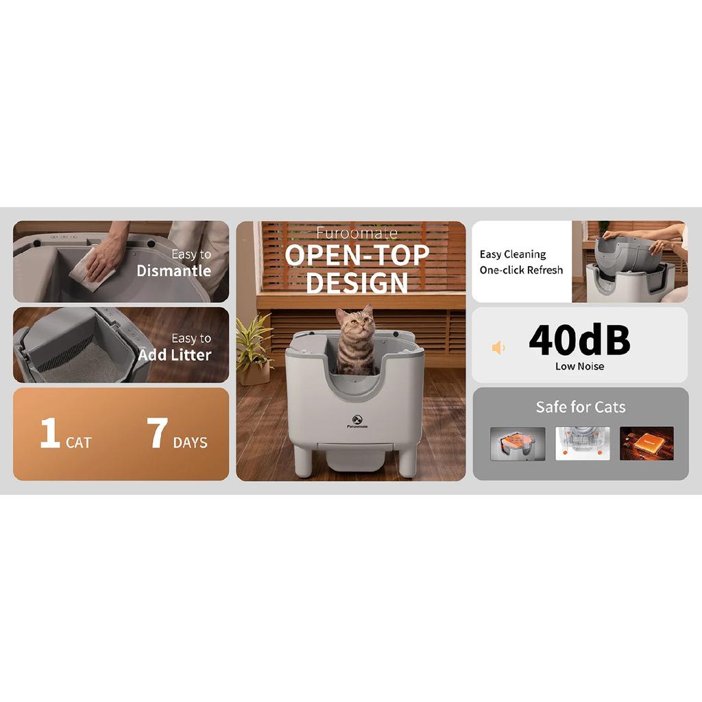 F6 Self-Cleaning Litter Box - Open-Top Automatic Cat Litter Box with Odor Control, Safety Features, and Easy Maintenance