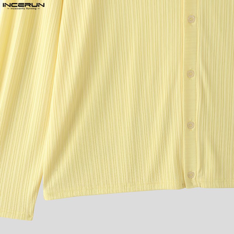 INCERUN Oversized Men Round Neck Long Sleeve Texture Plain Buttons Casual T-shirts Tops