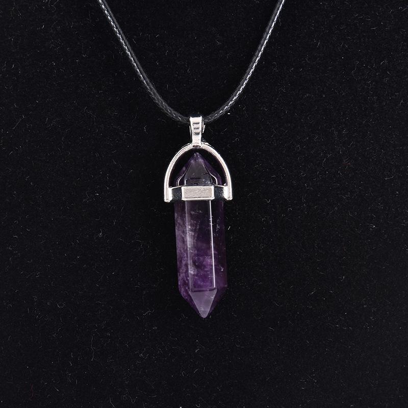New Hexagonal Column Natural Stone Choker Necklaces Vintage Pink Purple Crystal Pendent Necklace for Women Leather Chain Jewelry