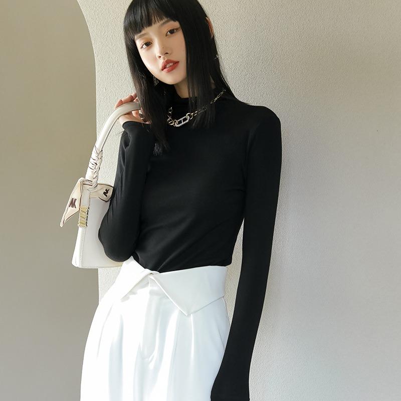 

Осенне-зимняя женская нижняя рубашка из модала, хлопок, тонкий воротник до середины шеи, плотная однотонная блузка с длинными рукавами внутри M чёрный