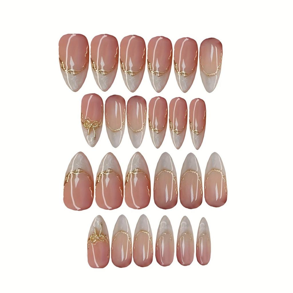 Almond Shape French Tip Press On Nails with Gold Edge & Bow, Elegant Daily False Nails