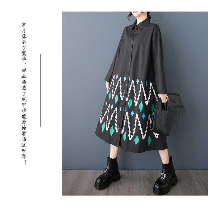 Loose Large Size Printed Splicing Casual Simple Sweetheart Long Sleeve Dresses