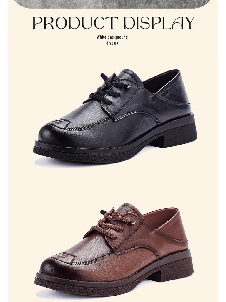 British Style Medium Heel Cowhide Loafers - Retro Round Toe Women's Leather Shoes