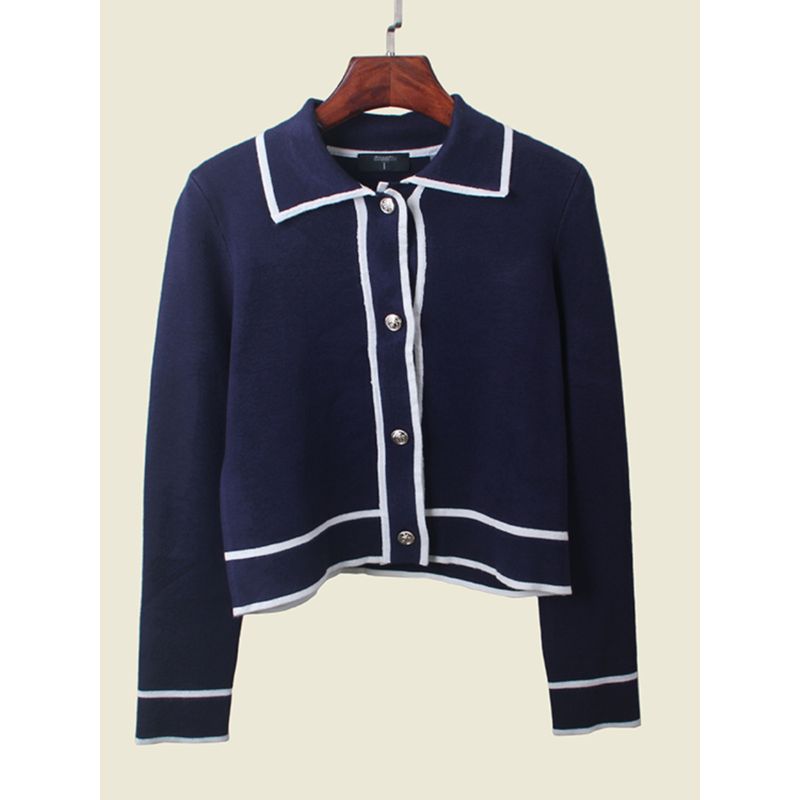 American Card Polo Collar Color Matching Early Autumn Cardigan Classic Style Lapel Single Breasted Long Sleeve Knitted Coat