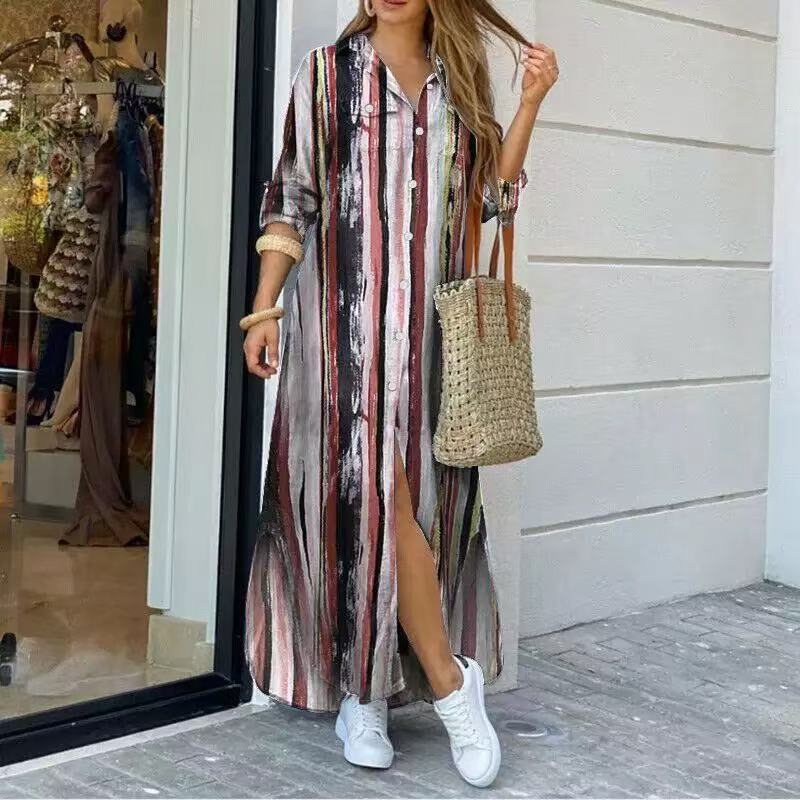 Moda Primavera e Autunno EastRogue Camicia Sexy Monopetto Gonna Lunga Abito Ampio con Revers