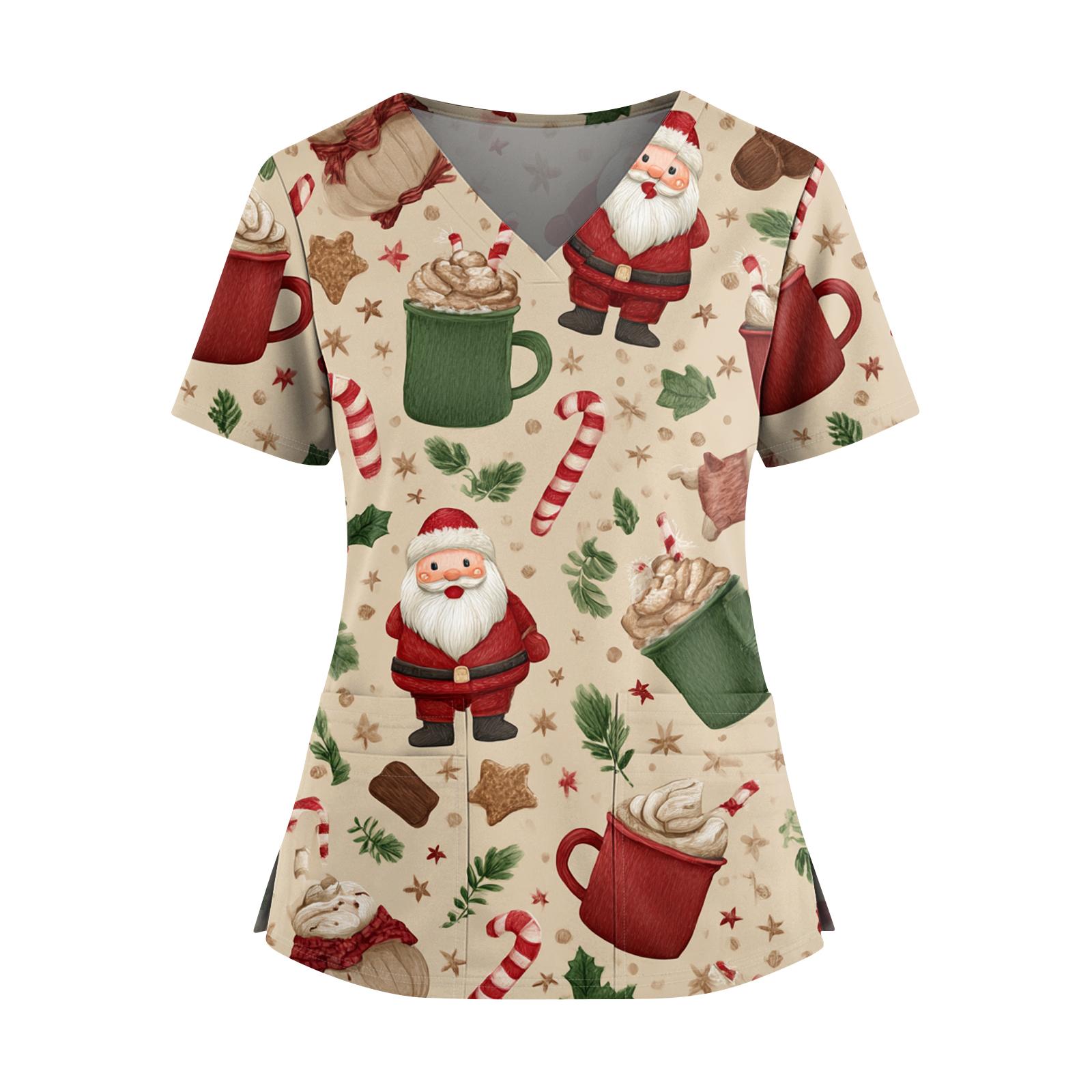 

Женский топ с рождественским принтом, V-образным вырезом, двумя карманами, короткими рукавами, разрезом по подолу, униформа и одежда для ухода S бежевый