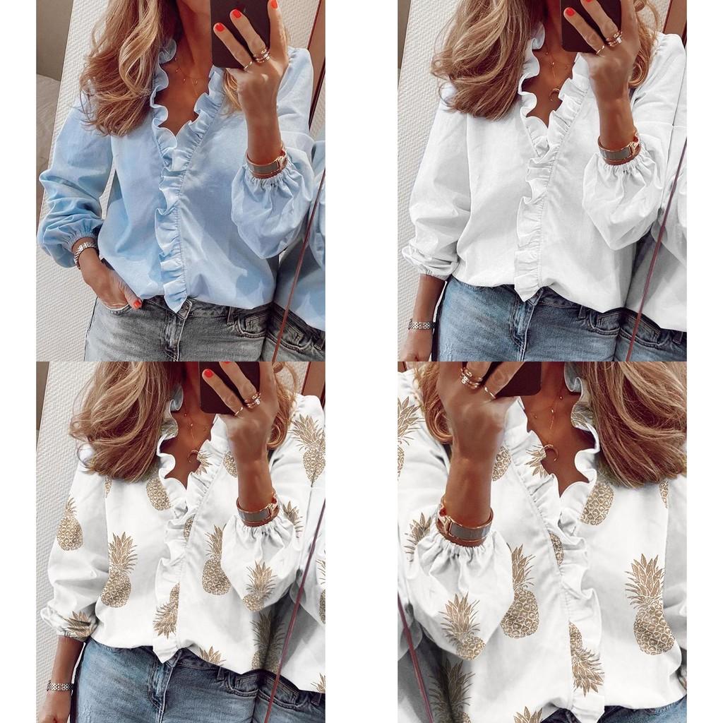 Elegant Womens Long Sleeve Shirts Blouse With Ruffle V Neck And Plus Size Options