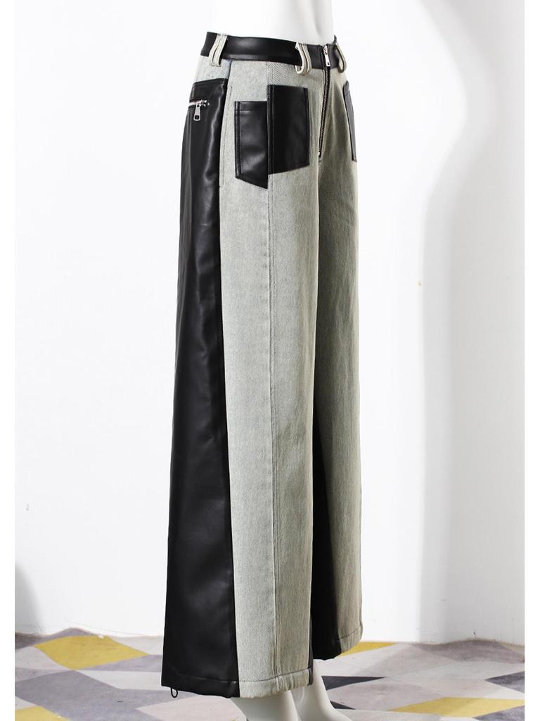 Women's Retro Washed Straight-Leg Jeans with Leather Splice, Contrasting Colors - 2025 Spring Street Style.
