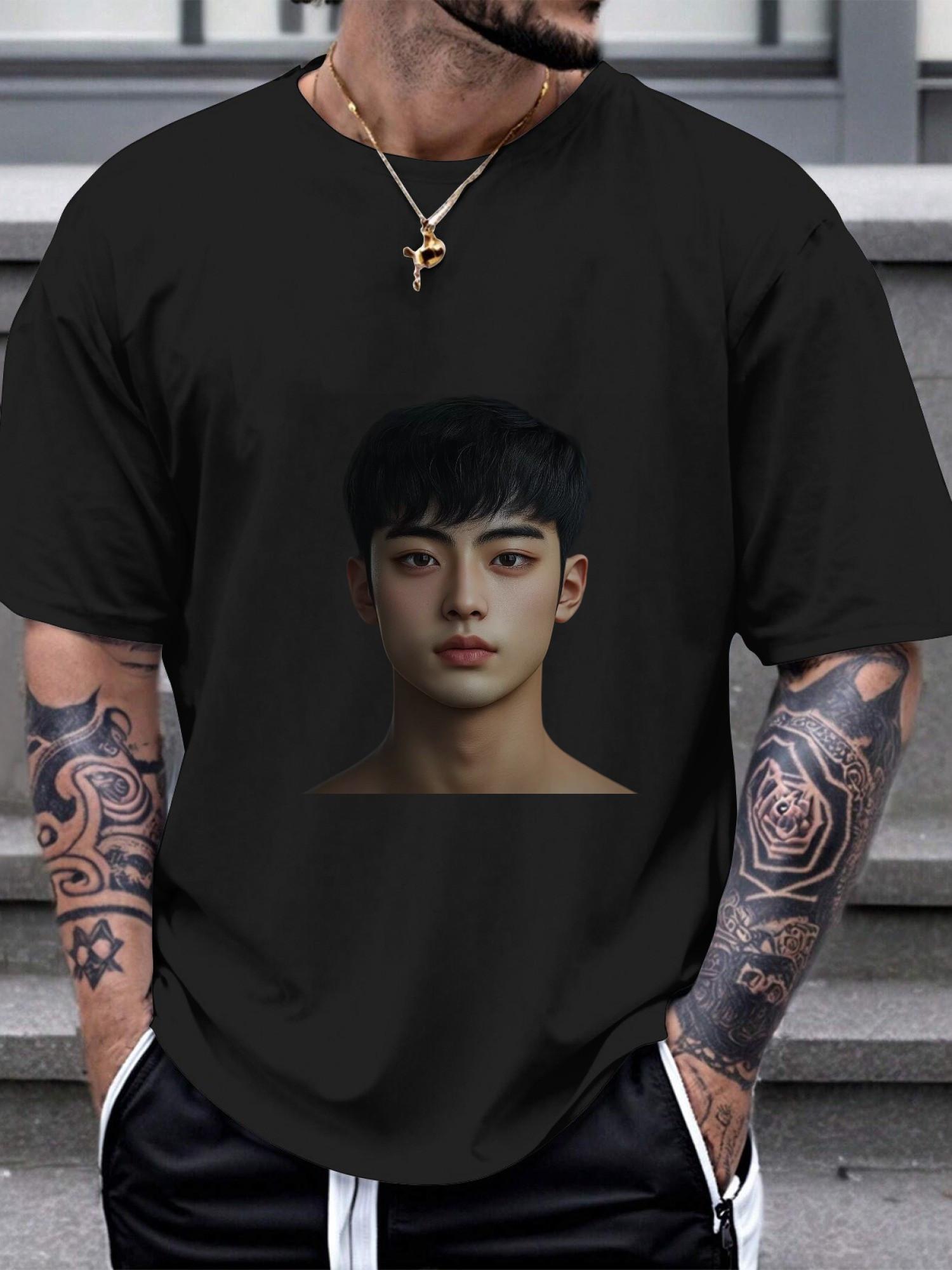 

1pc neutral expression male portrait black T-shirt XL