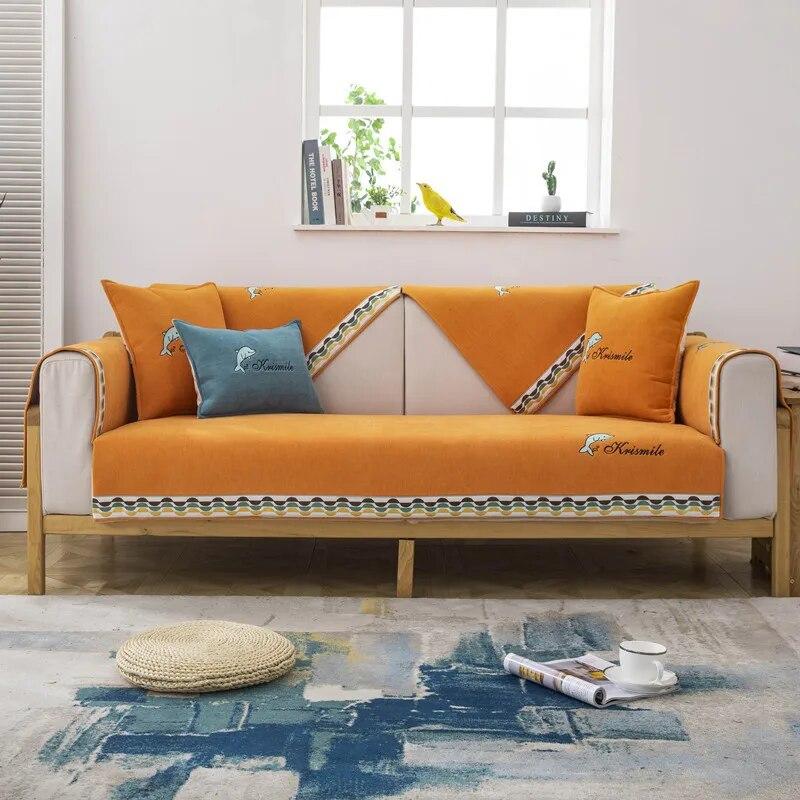 Chenille Dolphin Embroidered Sofa Towel Universal Sectional Solid Color Sofa Cover Modern Anti-slip Couch Cover for Living Room