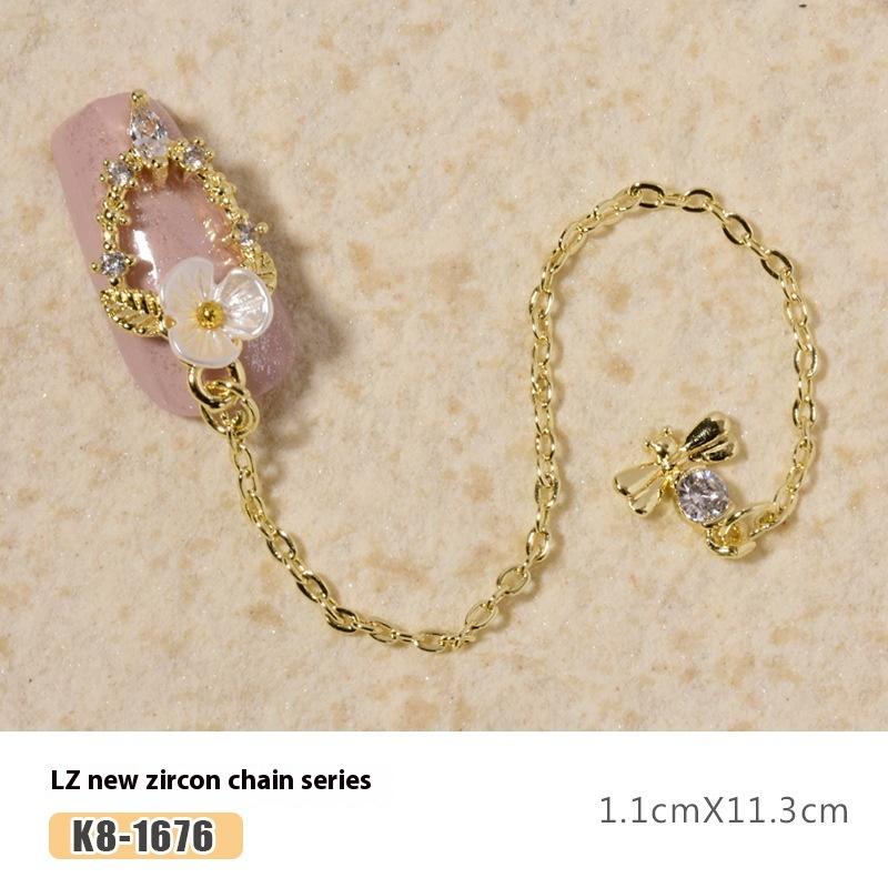 Nail Art Zircon Plated Real Gold Chain Jewelry Pearl Pendant Gold Bow Zircon Chain