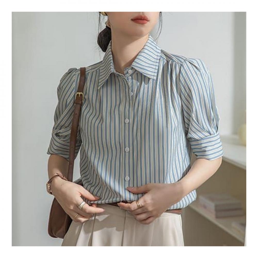 Navava Casual Stripe Puff Short Sleeve Shirt Nb2072