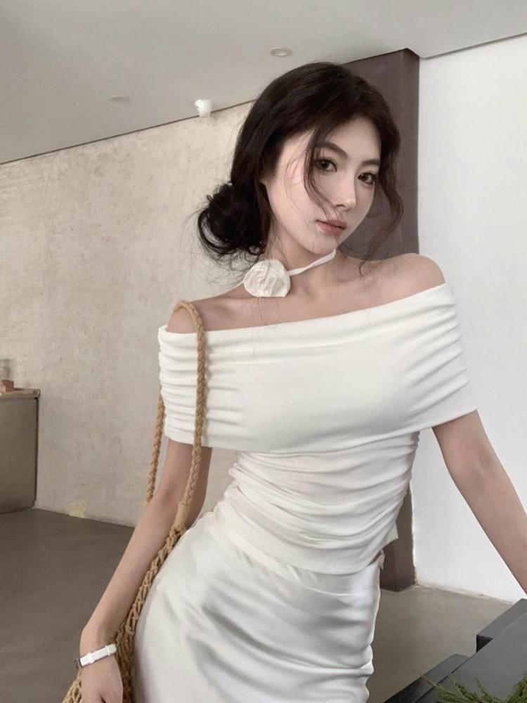 French Off Shoulder Short Sleeved T-shirt Female Summer New Pure Style Slim Elastic Short Blouse Korean Fashion Casual Tops Ins