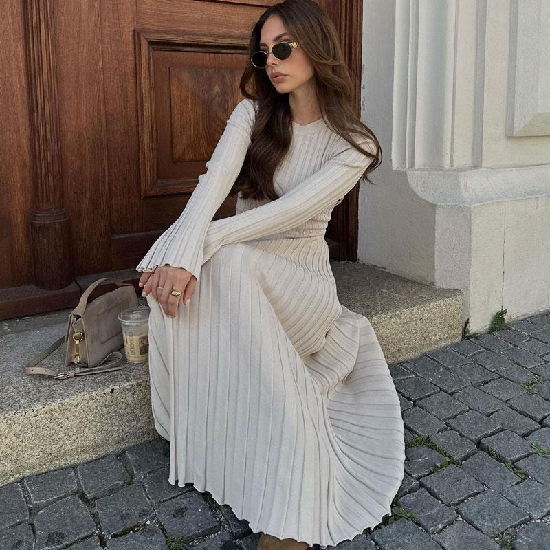Maxi Abito Lungo Donna A Maniche Lunghe Con Dolcevita E Vita Alta - Modello Aderente In Misto Cotone, Autunno Inverno