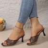 Large size square head high heel cool slippers women's new sexy thin heel rhinestone open toe sandals