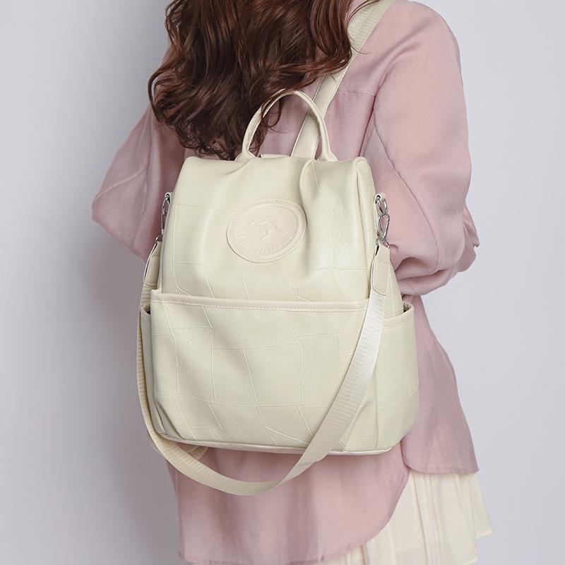 Soft Leather Women Backpack Geometric Pattern Patchwork Backpack Large Capacity Women's Travel Bag