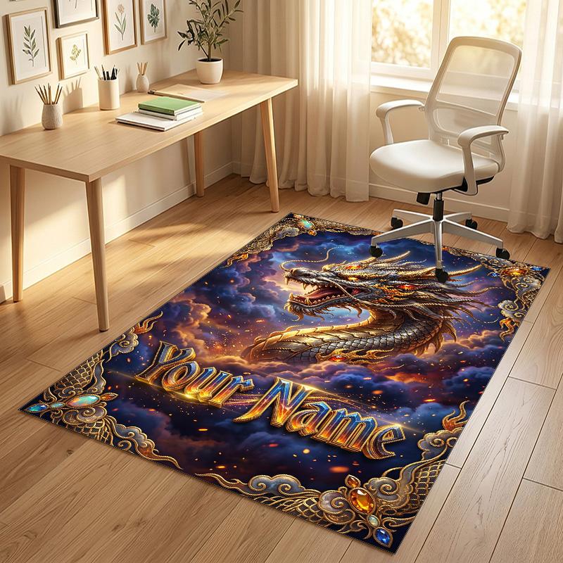 Dragon Phoenix Theme Crystal Velvet Rug Personalized Custom Name Text Soft Floor Mat Home Decor
