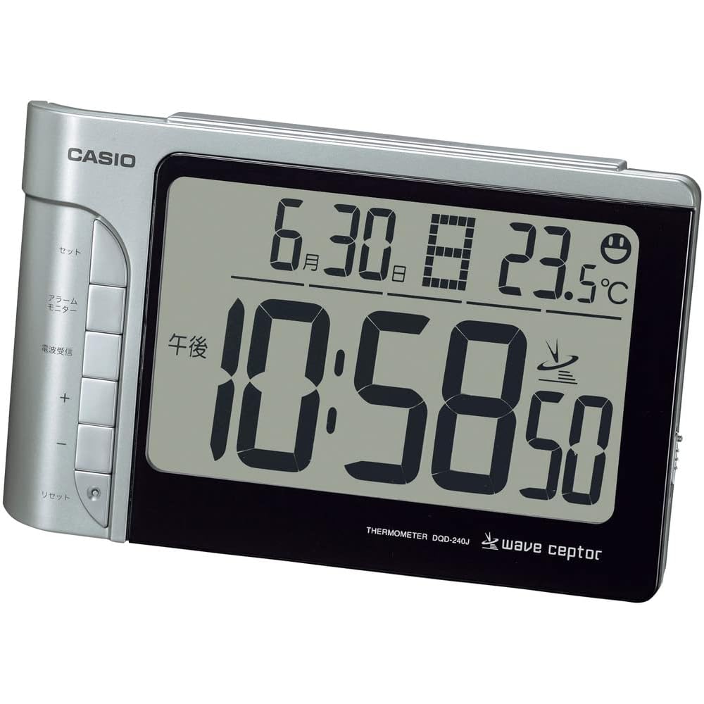 CASIO Alarm Clock, Radio-Controlled, Silver, Digital, Temperature, Calendar, DQD-240J-8JF, Black