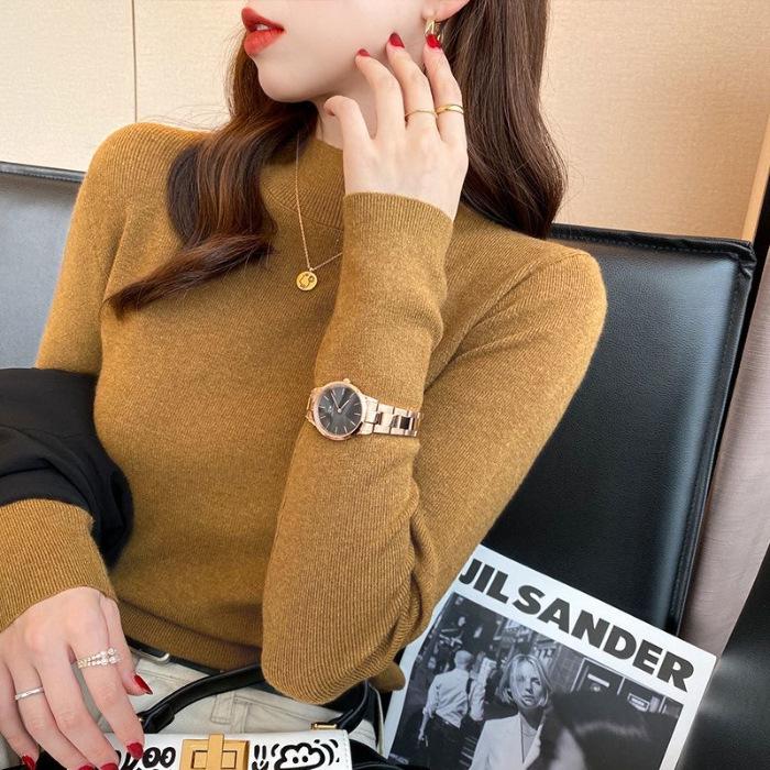 Women's Long-Sleeve Half-High Neck Base Layer Sweater for Spring and Autumn - Versatile Thin Knit Top for Inner Wear, Slim-Fit and Slimming