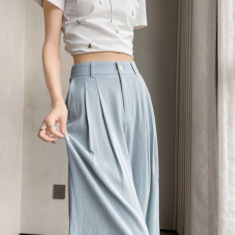 2026 Women's Ice Silk High Waist Wide-Leg Pants: Slimming, Drape, Casual, Loose, Milk Puff Style for Summer