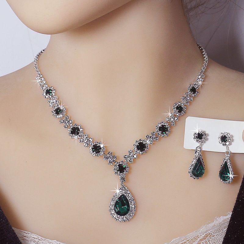 Bridal Jewelry Women's Suit Cross-Border Fashion Crystal Water Drop Necklace Two-Piece Earrings Set Wedding Evening Dress Accessories