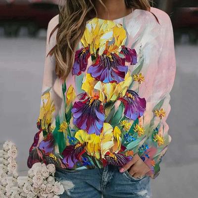 Frühling und Herbst 3D Ölgemälde Druck Langarm T-Shirt Damen Blumen Grafik Pullover Harajuku Kleidung Bunte Oberteile