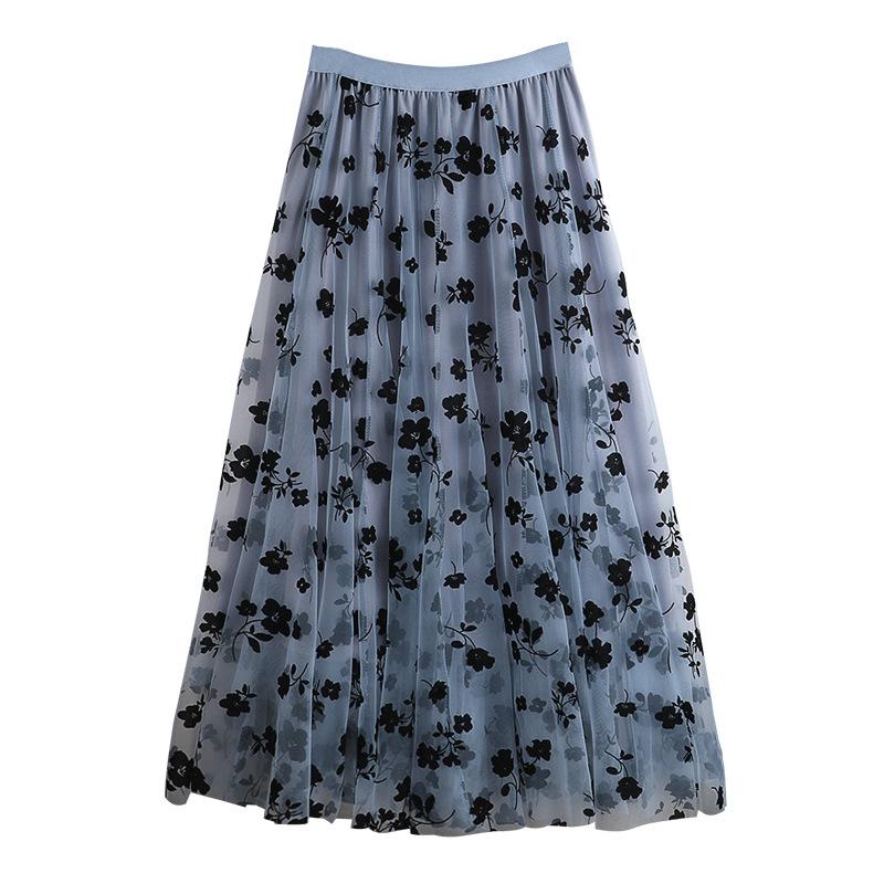 Spring Summer High Waist All-match Embroidery Mesh Skirt Temperament Mid-length Long Skirts for Women Slim