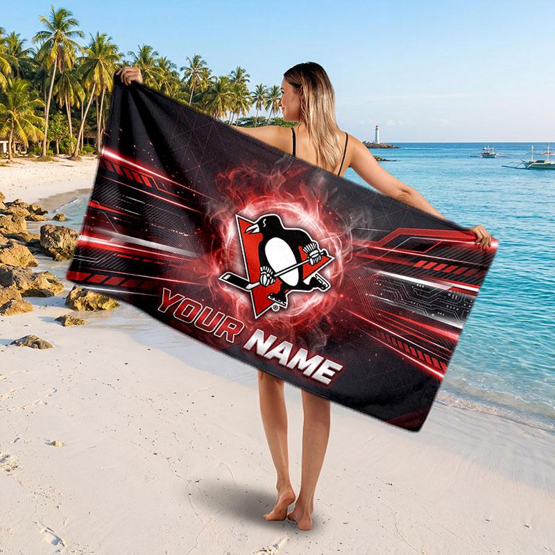 Pittsburgh Penguins Customized Name Text Beach Towel, Soft Absorbent Towel Beach Pool Travel Personal Gift