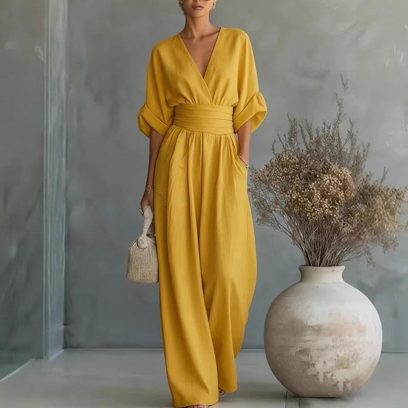 2026 Diepe V-hals Dames Jumpsuits Elegante Effen Hoge Taille Rompers Casual Wijde Pijpen Broek Zak Overalls Vakantie Outfit Los