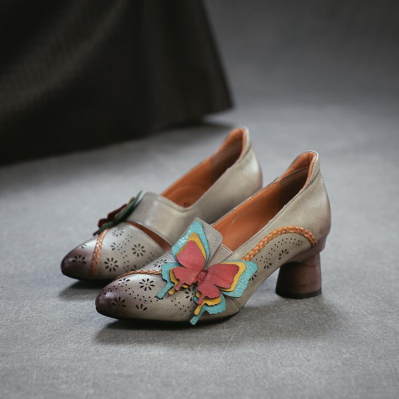 Johnature Retro High Heels Genuine Leather Shallow Commuter Versatile Women's Shoes