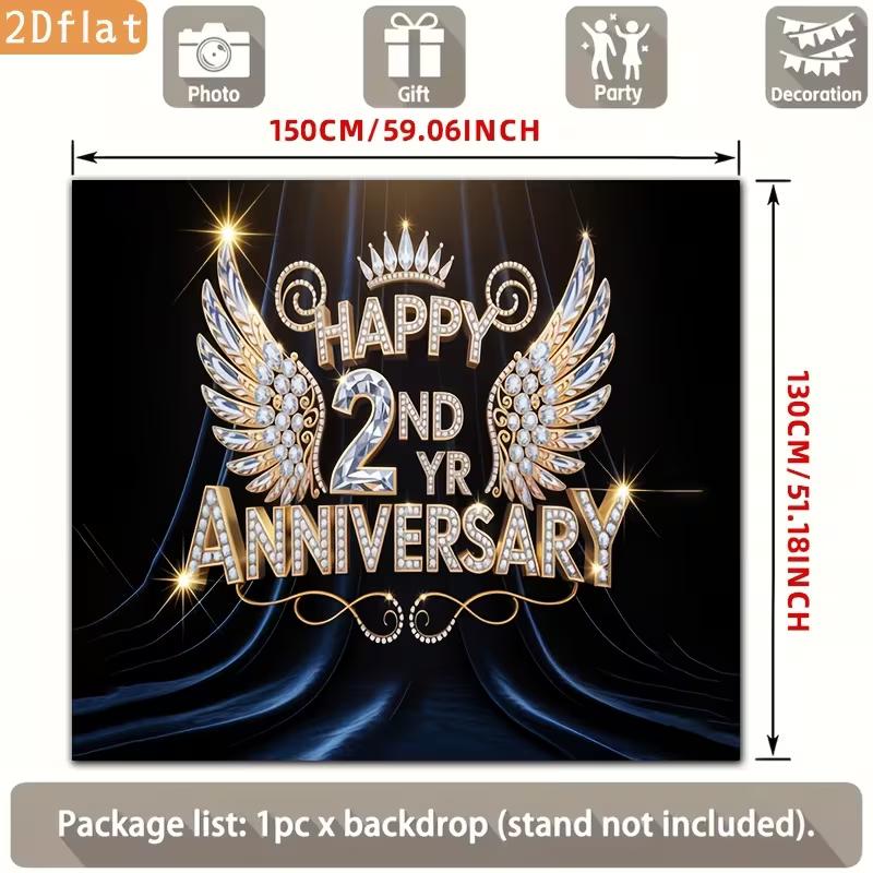 2D 2nd Anniversary Photography Backdrop Black Background with Diamond Wings and Crown