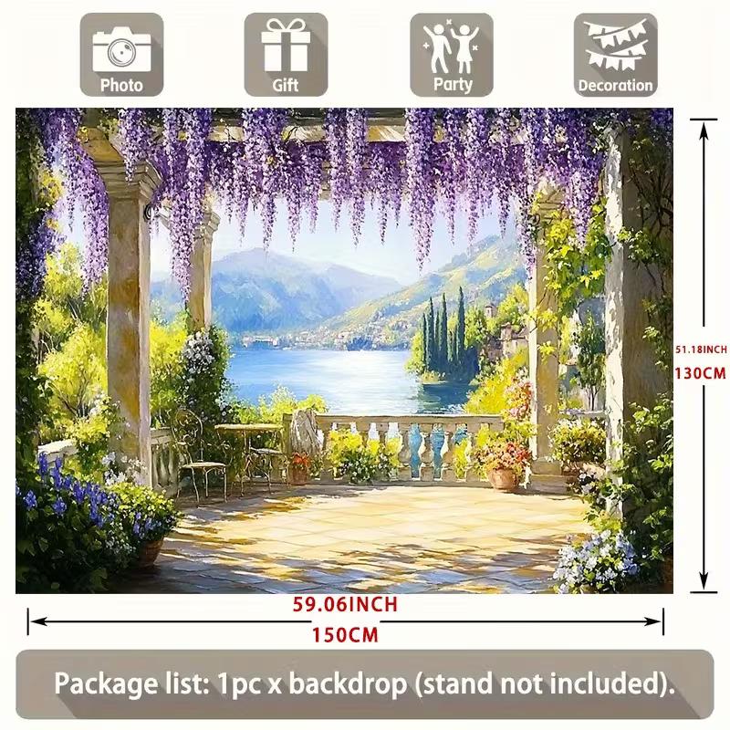 Wisteria Garden Balcony Tapestry, Lake Como Inspired Scenery with Purple Flowers for Living Room