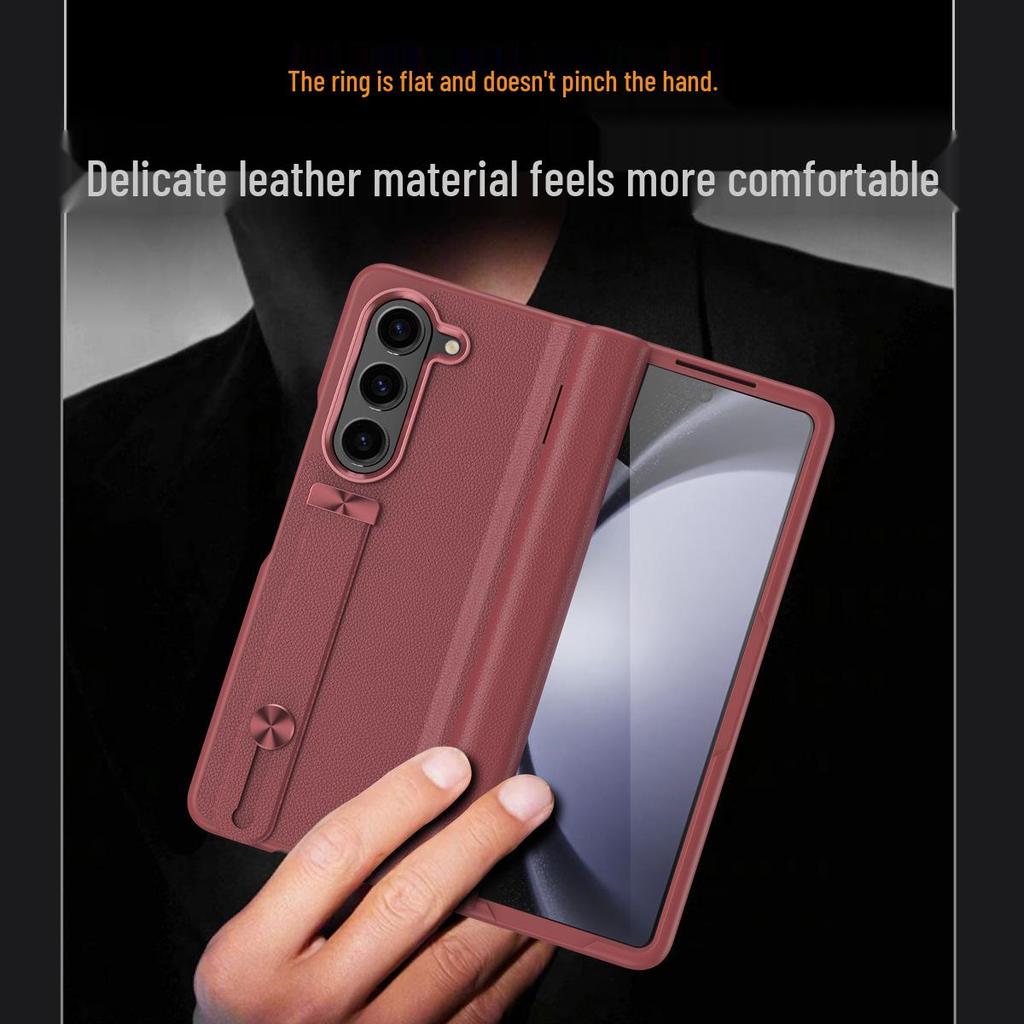 Samsung Z Fold6/5 Leather Phone Case with Film Protection & Wrist Strap