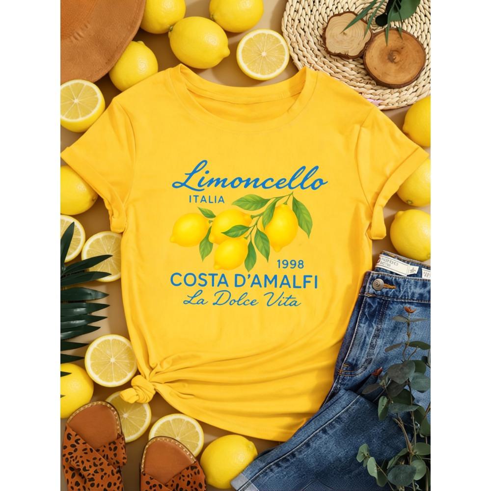 Limoncello Italia La Dolce Vita Lemon Print Women T-Shirts Summer Breathable Short Sleeve Trendy O-Neck T Shirt Y2K Tops