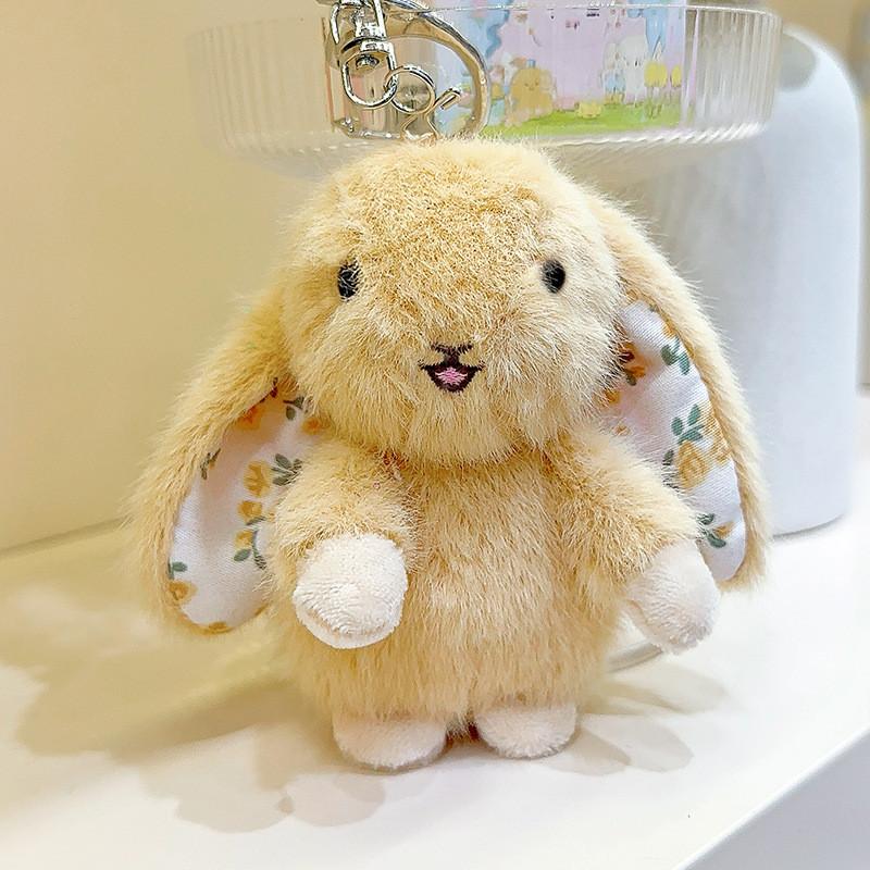 Hanging Rustic Ear Rabbit Plush Pendant With Broken Flowers Inside Ears For Gift