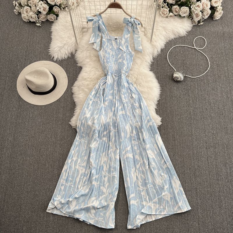 

Women s 2024 Summer New Arrival Floral Beach Jumpsuit High Waist Slim Looking Chiffon Loose Pants Pants Thin Blue Print on white background One size