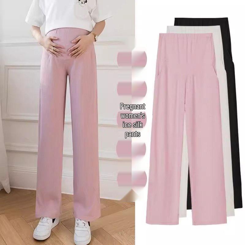Korean-Style Breathable Summer Maternity Wide-Leg Pants with Adjustable Belly Support