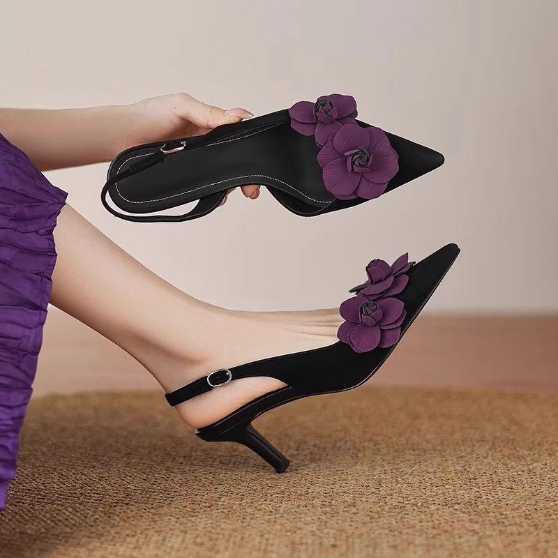 Pointed side empty thin heel beautiful sandals women's 2025 summer new French retro style flower word with high heels