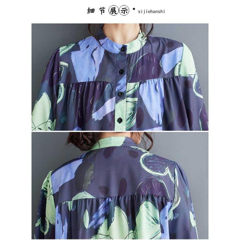 Loose and Thin Fashion Long-sleeved Printed Mid-length Dresses