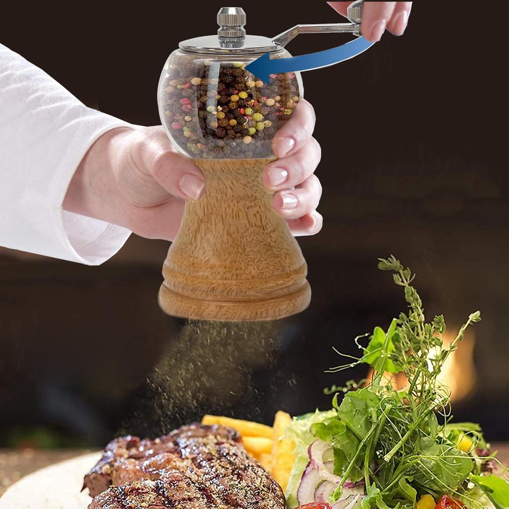 Wood Salt Pepper Salt Grinder Pepper Grinder with Manual Seasoning Grinder Refillable Grinder, & Set, Handle, (5inch-2Pcs)