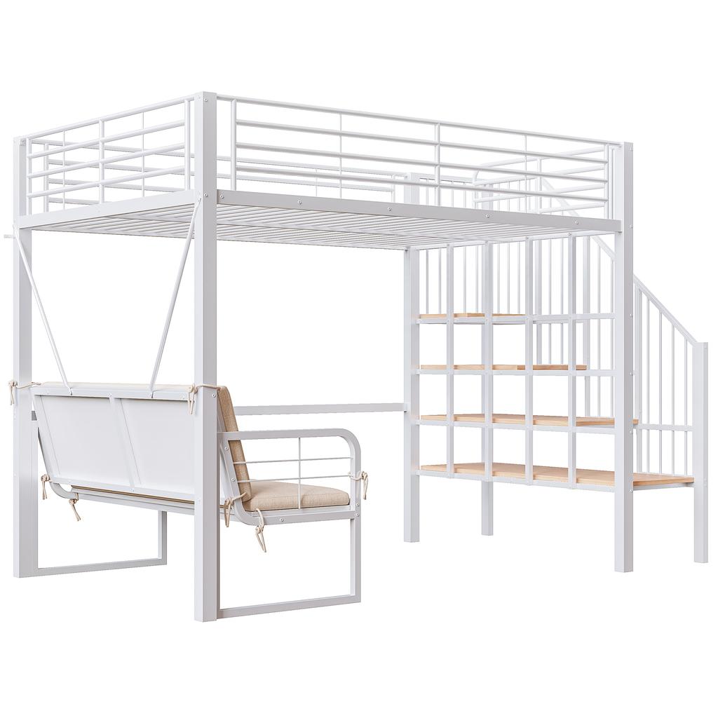 Bunk Bed (140 X 200) with Stable Metal Frame, Removable Upholstered Sofa, Storage Space and Safety Staircase. Suitable for Children and Adults White