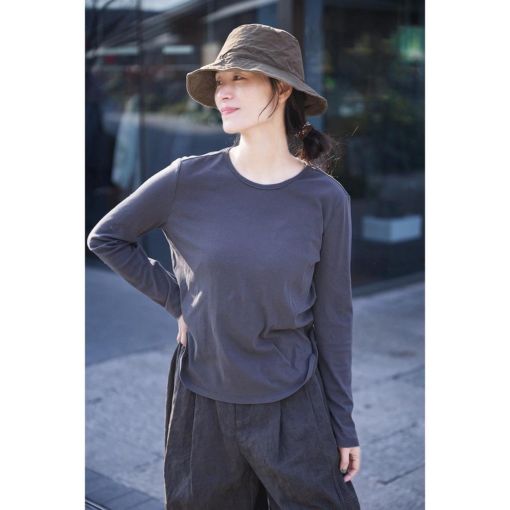 Spring/Summer Retro Smoky Gray Ultra-Thin Stretch Long-Sleeve Round-Neck Knit T-Shirt
