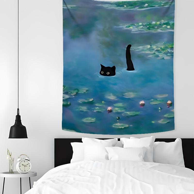 Black Cat Floating Lilie Lotus Lake Starry Night Tapestry Room Decoration Home Decor Bedroom Wall Hanging Fabric