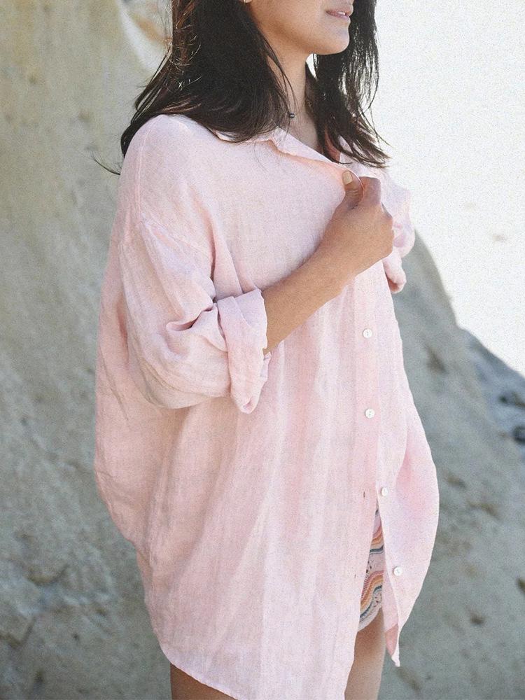 

Льняная рубашка: Свободный отпускной стиль, отложной воротник, плиссировка, боковые пуговицы, дышащий хлопок-лен, кардиган с защитой от солнца Extra Large розовый