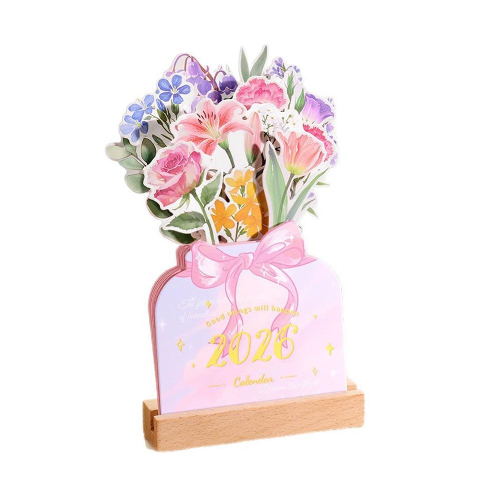 Wooden Base 2026 Desktop Calendar Detachable Base Vase Shaped Bloomy Flowers Desk Calendar DIY Floral Theme Standing Calendar