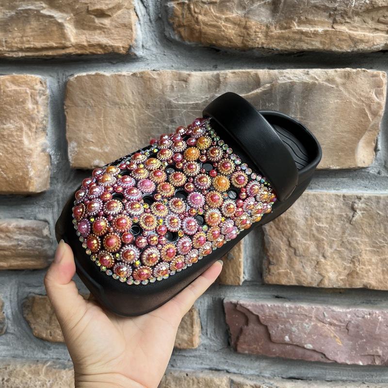 Fashion Summer Bear Decoration Thick Bottom Handmade Inlaid Pearl Sandals  New Pink and Blue Sweet Girl Beach Hollow  Out Slippers 40-41
